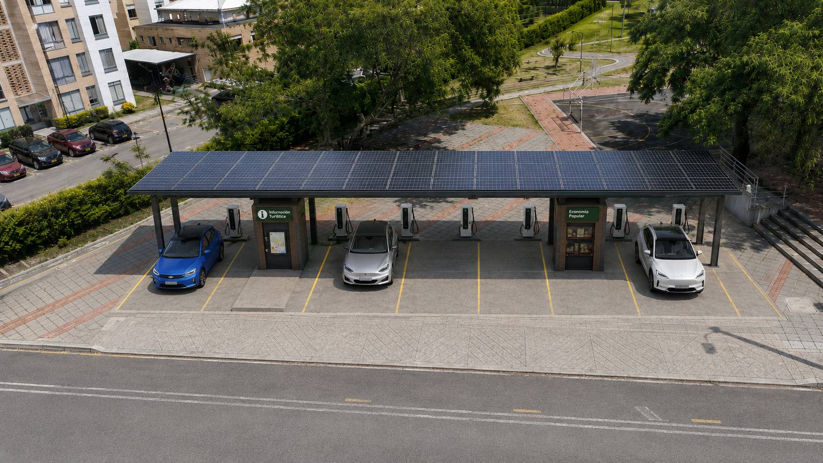 Render conceptual de una plaza de carga con cubierta solar, vehículos eléctricos y viviendas cercanas
