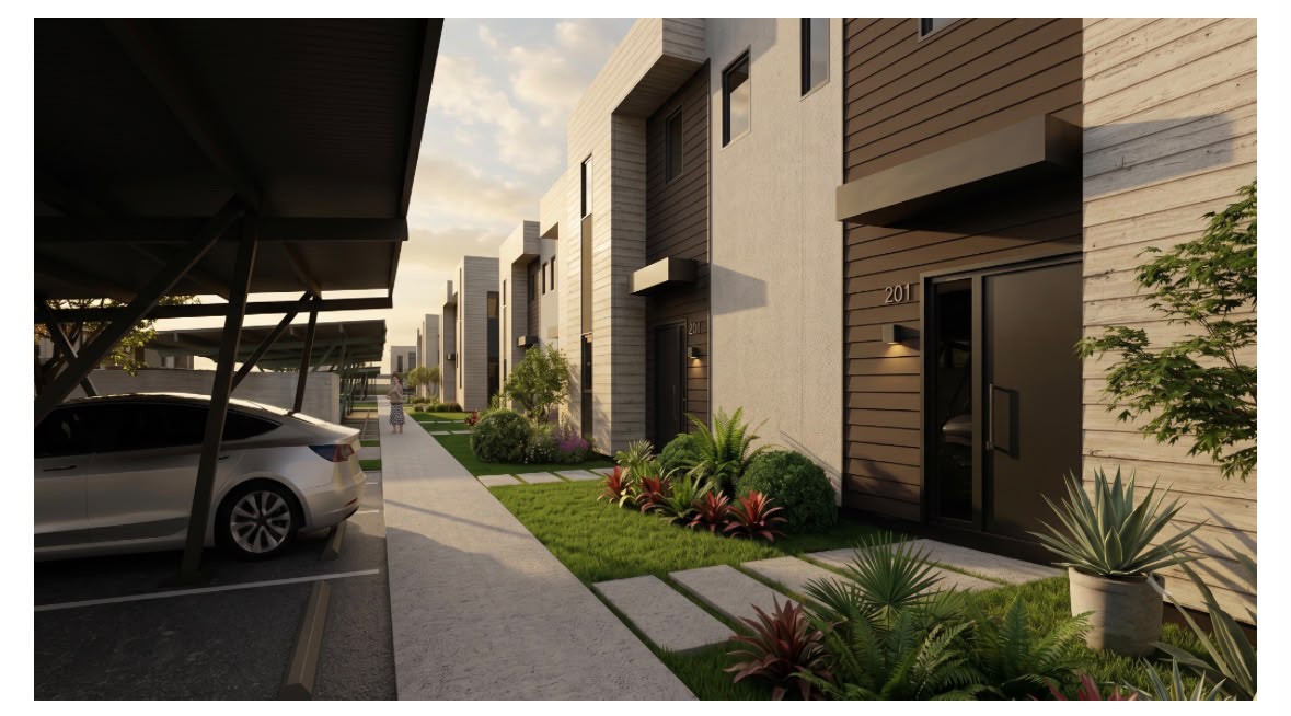 Render conceptual de viviendas con una hilera de carports y vehículos estacionados